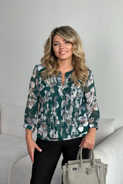 Роскошная блуза больших размеров с объемными рукавами LindaLux 483 изумрудные_цветы - фото 1