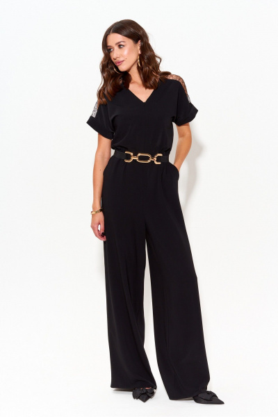 Нарядный черный комбинезон с расширенными брюками и ремнем Lyushe 3973 - фото 5