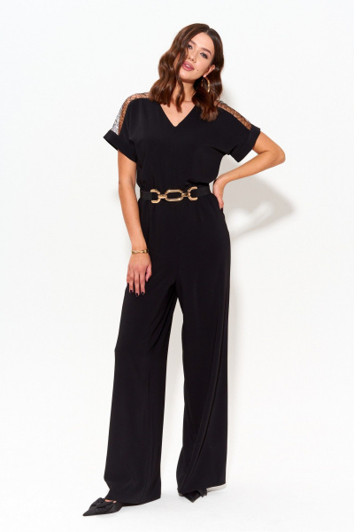 Нарядный черный комбинезон с расширенными брюками и ремнем Lyushe 3973 - фото 4