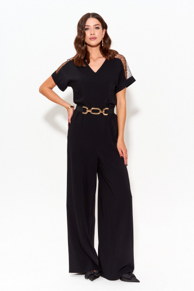 Нарядный черный комбинезон с расширенными брюками и ремнем Lyushe 3973 - фото 3