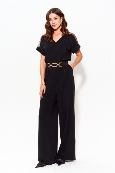 Нарядный черный комбинезон с расширенными брюками и ремнем Lyushe 3973 - фото 1