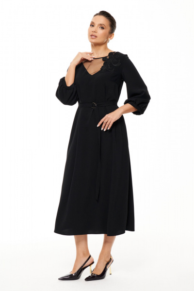 Деловое платье из струящейся ткани с стразы и поясом Панда 209180w черный - фото 1