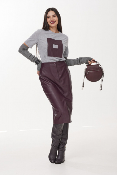 Юбка кожаная миди с высоким поясом Твой имидж 2050 серый - фото 3