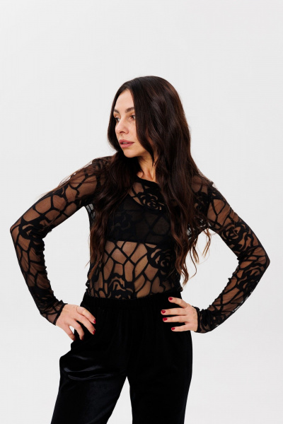 Черный джемпер из сетки с коротким рукавом и круглым вырезом THE NAME 2369 - фото 3