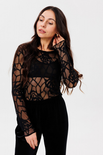 Черный джемпер из сетки с коротким рукавом и круглым вырезом THE NAME 2369 - фото 2