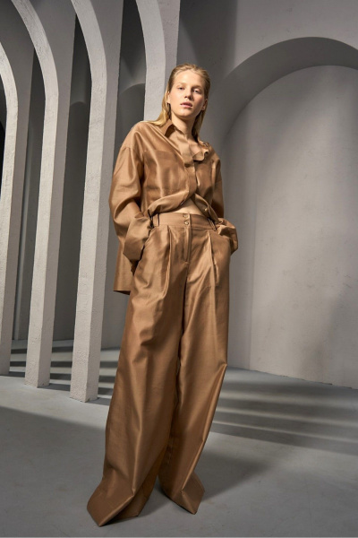 Элегантные шелковые брюки-палаццо с поясом и складками DEVITA 3011-4 тоффи - фото 7