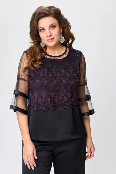 Черный брючный костюм с блузой и топом из текстиля и шифона Solomeya Lux 960А - фото 9