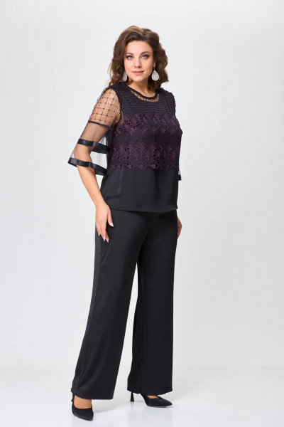 Черный брючный костюм с блузой и топом из текстиля и шифона Solomeya Lux 960А - фото 8