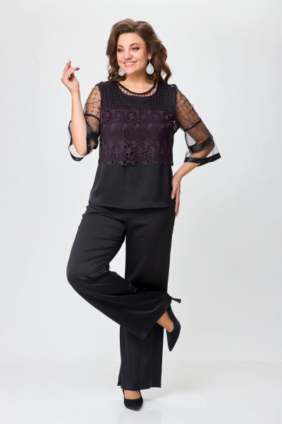 Черный брючный костюм с блузой и топом из текстиля и шифона Solomeya Lux 960А - фото 6