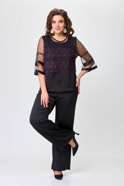Черный брючный костюм с блузой и топом из текстиля и шифона Solomeya Lux 960А - фото 5