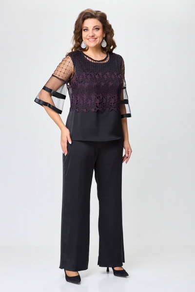 Черный брючный костюм с блузой и топом из текстиля и шифона Solomeya Lux 960А - фото 1