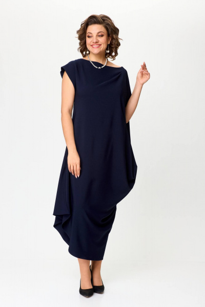 Свободное синее платье с асимметричным вырезом и складками Solomeya Lux 975 - фото 8
