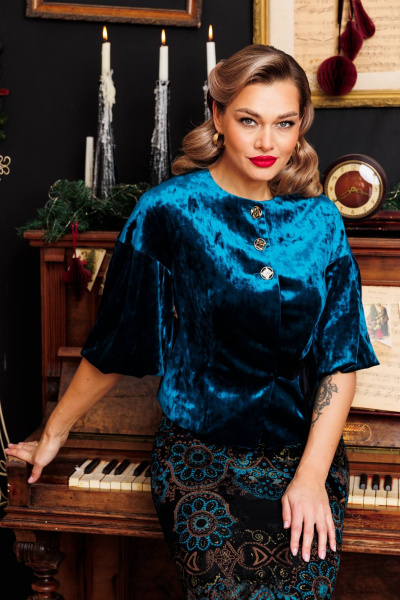 Жакет и юбка нарядные из бархата с кружевом и блестящим напылением Мода Юрс 2623-1 бирюза - фото 4