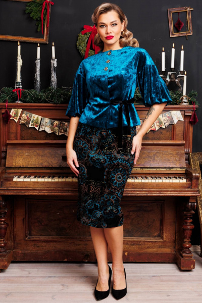 Жакет и юбка нарядные из бархата с кружевом и блестящим напылением Мода Юрс 2623-1 бирюза - фото 1