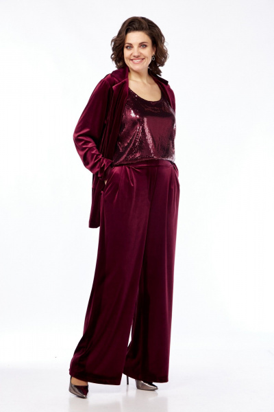 Костюм 3-ка из бархата: жакет, брюки и майка Диомант 2026 бордо - фото 3