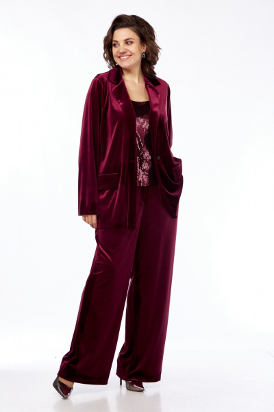 Костюм 3-ка из бархата: жакет, брюки и майка Диомант 2026 бордо - фото 1