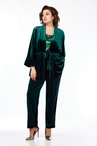 Костюм 3-ка из бархата: жакет-кимоно и свободные брюки Диомант 2028 зелень - фото 1