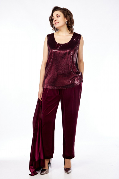 Красный костюм 2-ка из бархата на каждый день Диомант 2028 бордо - фото 8