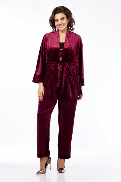 Красный костюм 2-ка из бархата на каждый день Диомант 2028 бордо - фото 1