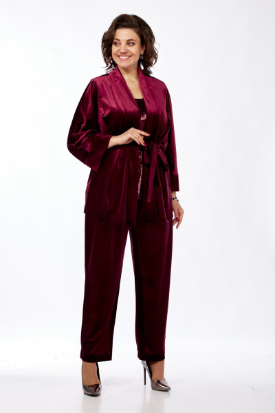 Красный костюм 2-ка из бархата на каждый день Диомант 2028 бордо - фото 2