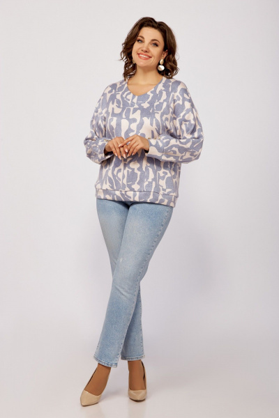 Джемпер свободный из вискозы и трикотажа для демисезона Swallow 800.2 бежевый/серо-голубой_принт - фото 7