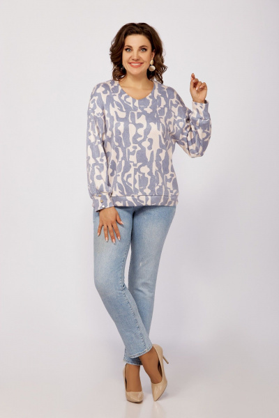 Джемпер свободный из вискозы и трикотажа для демисезона Swallow 800.2 бежевый/серо-голубой_принт - фото 4