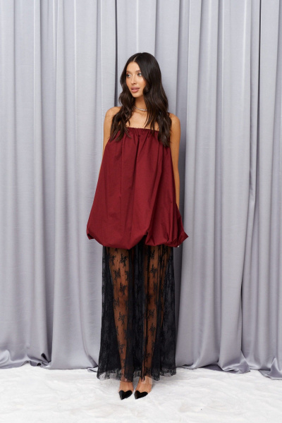 Платье-баллон из хлопка в бордовом цвете с резинкой на верхе ANNETE A3601/2 - фото 1