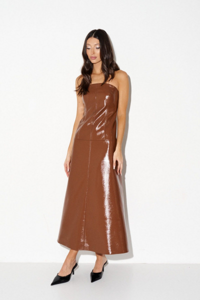 Платье приталенное А-силуэта с открытыми плечами из эко-кожи ANNETE A3633 - фото 3