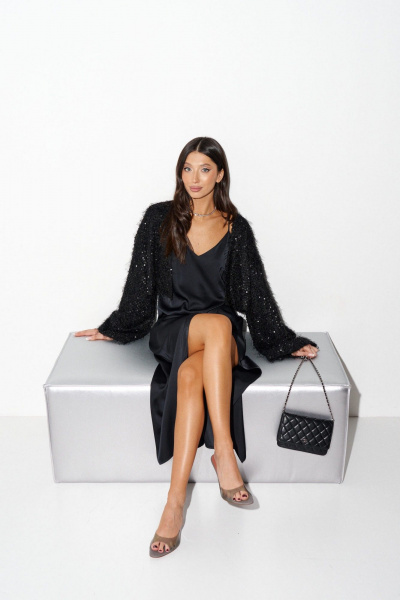 Кардиган из черного ворсистого полотна с пайетками ANNETE A2059 - фото 1