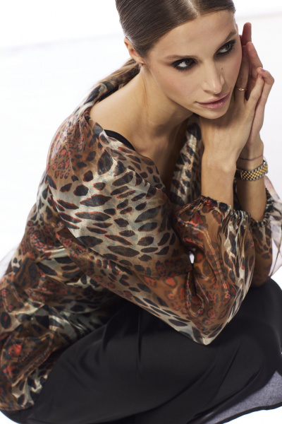 Портной женский комплект из органзы: приталенная блуза и юбка DAVA 4206 коричневый - фото 5