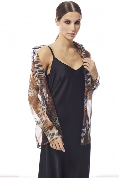 Комплект из блузы из принтованной органзы и шелкового платья DAVA 2222 коричневый-черный - фото 5
