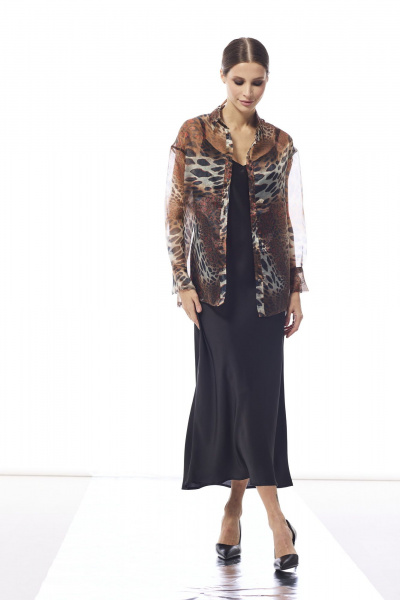 Комплект из блузы из принтованной органзы и шелкового платья DAVA 2222 коричневый-черный - фото 3