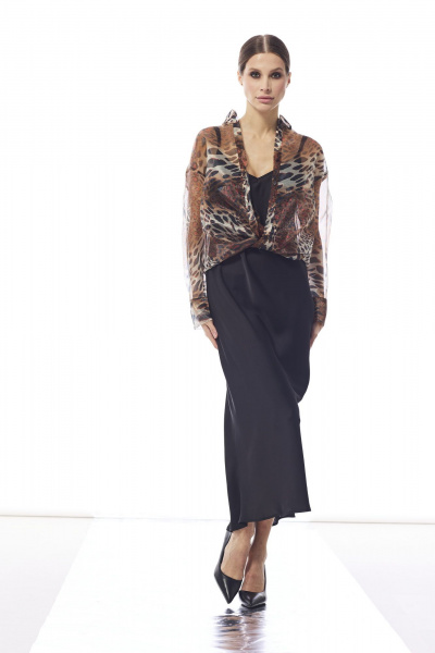 Комплект из блузы из принтованной органзы и шелкового платья DAVA 2222 коричневый-черный - фото 1