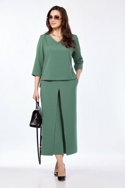 Комплект женский из брюк и блузона с V-вырезом и кокеткой Taita plus 2434/1 мята - фото 3