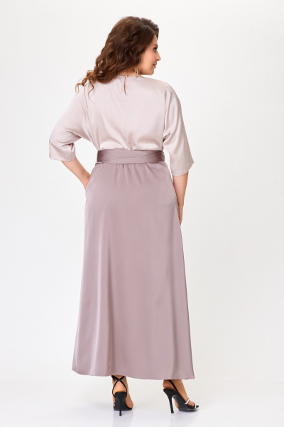 Нарядное платье макси из атласа с поясом кушак ANASTASIA MAK 1229 бежевый+капучино - фото 4