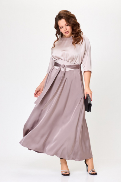 Нарядное платье макси из атласа с поясом кушак ANASTASIA MAK 1229 бежевый+капучино - фото 3