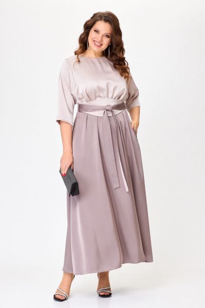 Нарядное платье макси из атласа с поясом кушак ANASTASIA MAK 1229 бежевый+капучино - фото 2