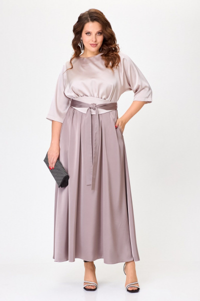 Нарядное платье макси из атласа с поясом кушак ANASTASIA MAK 1229 бежевый+капучино - фото 1