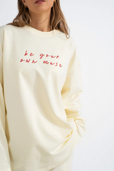 Молочный лонгслив с принтом DTF из хлопка Mirolia 1225-11 экрю - фото 2