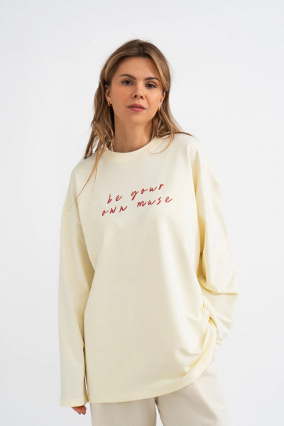 Молочный лонгслив с принтом DTF из хлопка Mirolia 1225-11 экрю - фото 1
