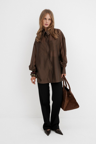 Комплект из оверсайз рубашки из вискозы и широких брюк со стрелками PiRS 5762 коричневый+ черный - фото 6