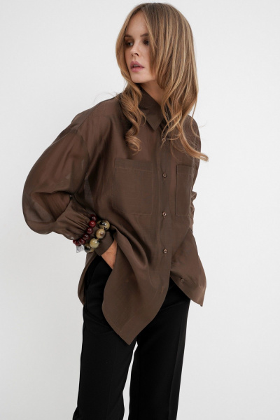 Комплект из оверсайз рубашки из вискозы и широких брюк со стрелками PiRS 5762 коричневый+ черный - фото 5