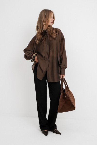 Комплект из оверсайз рубашки из вискозы и широких брюк со стрелками PiRS 5762 коричневый+ черный - фото 4