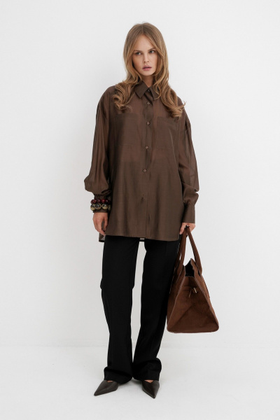 Комплект из оверсайз рубашки из вискозы и широких брюк со стрелками PiRS 5762 коричневый+ черный - фото 3