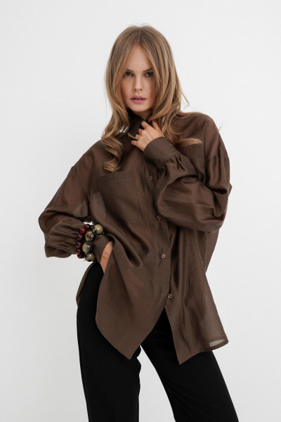 Комплект из оверсайз рубашки из вискозы и широких брюк со стрелками PiRS 5762 коричневый+ черный - фото 2