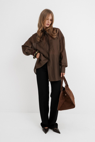 Комплект из оверсайз рубашки из вискозы и широких брюк со стрелками PiRS 5762 коричневый+ черный - фото 1