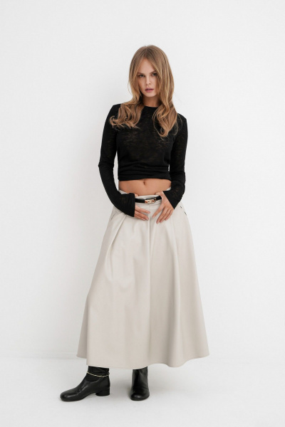 Юбка из экокожи с прорезными карманами и поясом PiRS 5767 серо-бежевый - фото 2