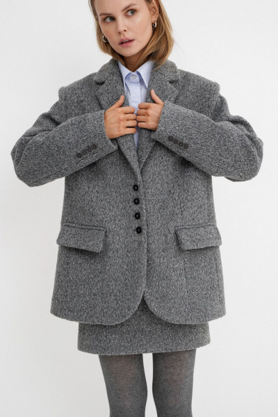 Костюм-двойка из пальтовой ткани оверсайз жакет и мини-юбка PiRS 5787 серый - фото 8