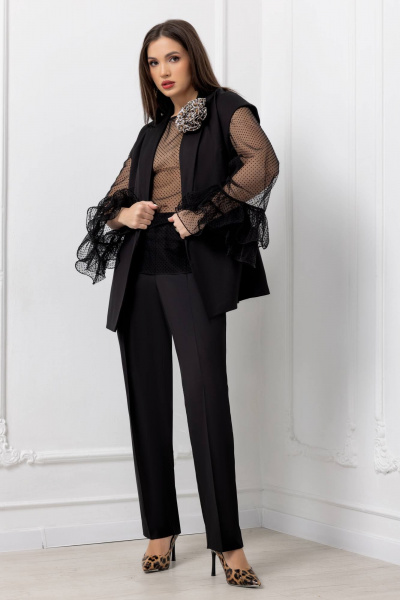 Брючный костюм с жилетом и леопардовой подкладкой Gold Style 2678 черный - фото 5