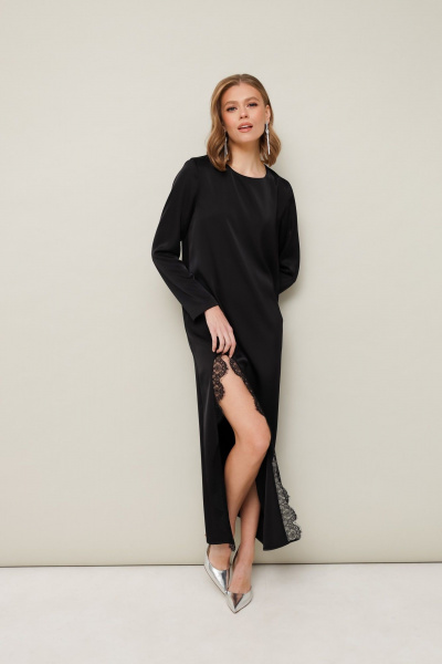 Черное платье из струящейся ткани с кружевом и разрезом PUR PUR 11-329 - фото 3